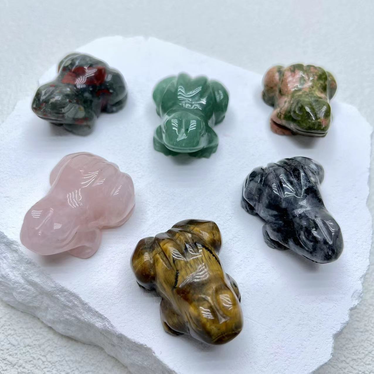 Frog Carving Africa Blood,Yellow Tiger Eye,Green Aventurine,Set of 2