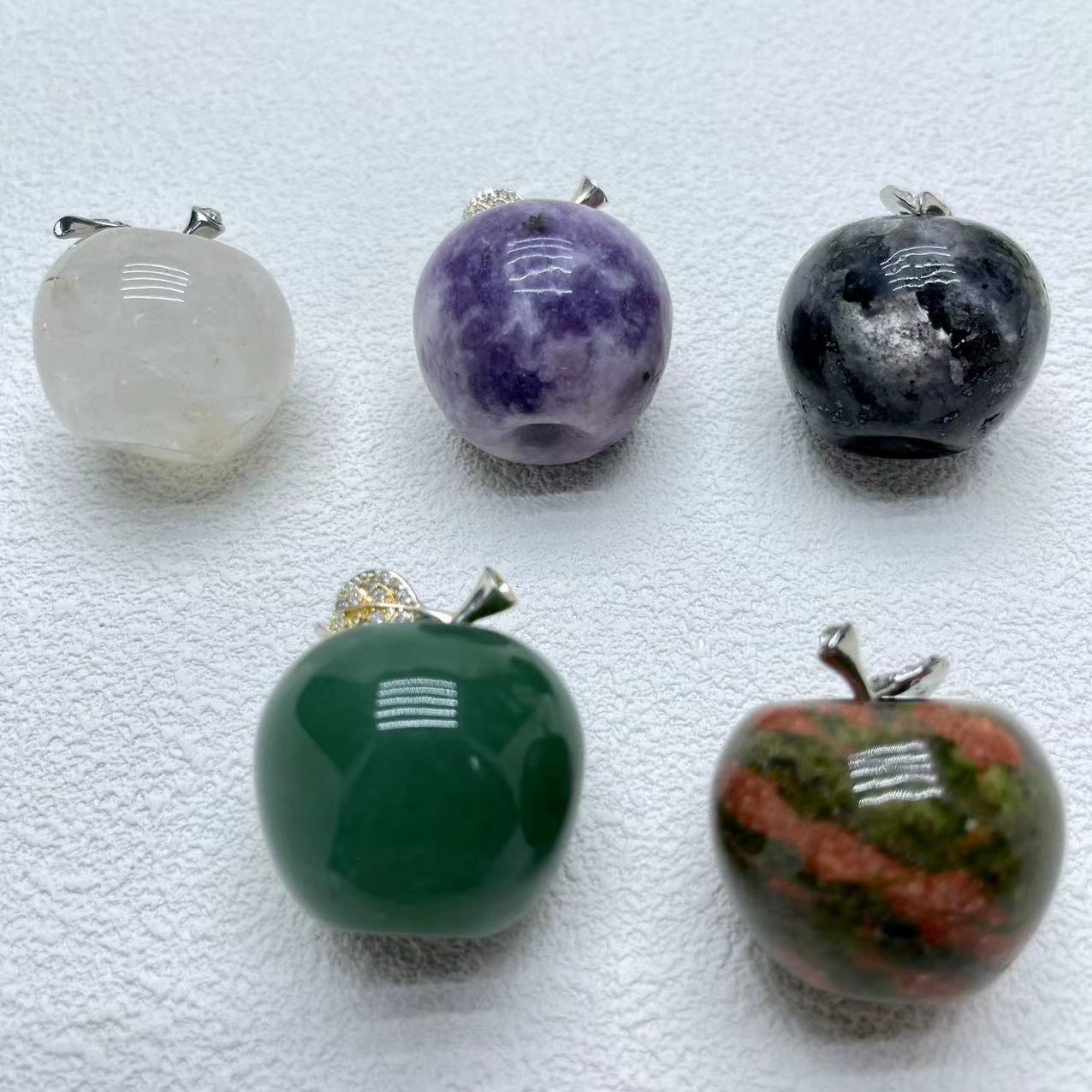 Apple Carving, Unakite,Moss agate,Clear quartz,Green aventurine,Set of 2