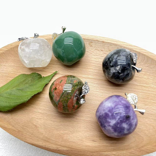 Apple Carving, Unakite,Moss agate,Clear quartz,Green aventurine,Set of 2