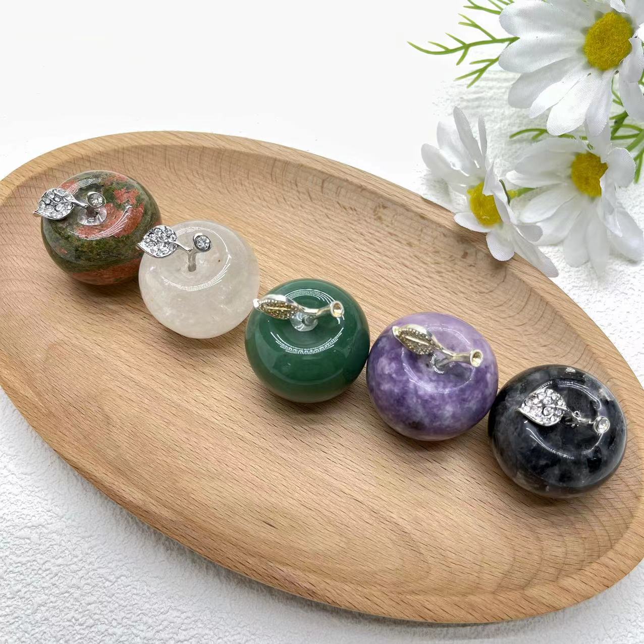 Apple Carving, Unakite,Moss agate,Clear quartz,Green aventurine,Set of 2